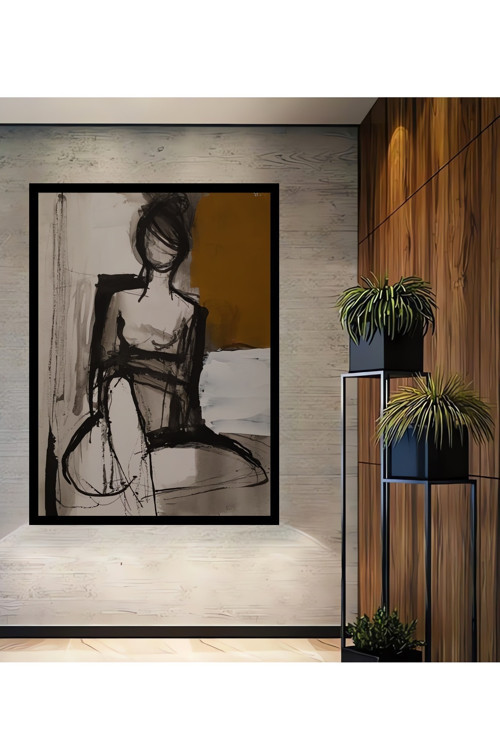 Çerçeve Görünümlü Modern Kadın Figürü Sulu Boya Görünümlü Ahşap Dekoratif Tablo