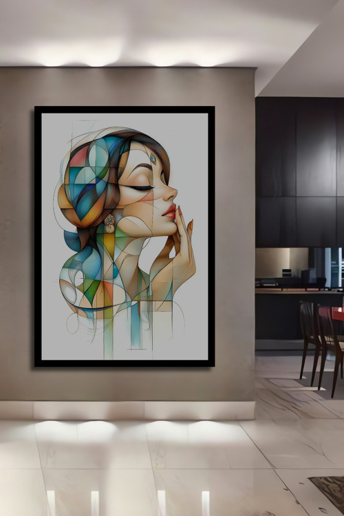 Çerçeve Görünümlü Kadın Portresi Sulu Boya Görünümlü Modern Sanat Ahşap Dekoratif Ofis Mutfak Tablo