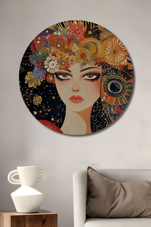 Büyüleyici Kadın Portresi Dijital Baskı Modern Sanat Ahşap Tablo Yuvarlak Duvar Tablosu