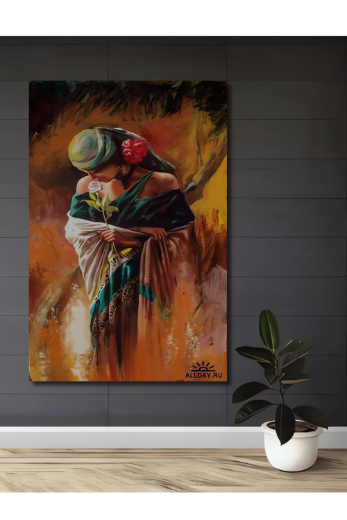 Romantik Kadın Ve Gül Yağlı Boya Görünümlü Ahşap Dekoratif Ev Antre Salon Ofis Mutfak Tablo