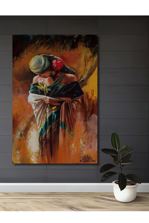 Romantik Kadın Ve Gül Yağlı Boya Görünümlü Ahşap Dekoratif Ev Antre Salon Ofis Mutfak Tablo