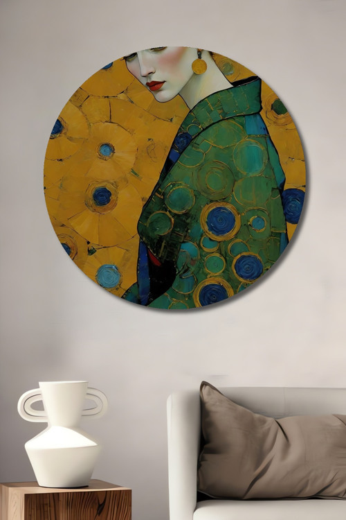 Gustav Klimt Tarzı Kadın Portresi Yağlı Boya Görünümlü Dekoratif Ahşap Tablo Yuvarlak Duvar Tablosu