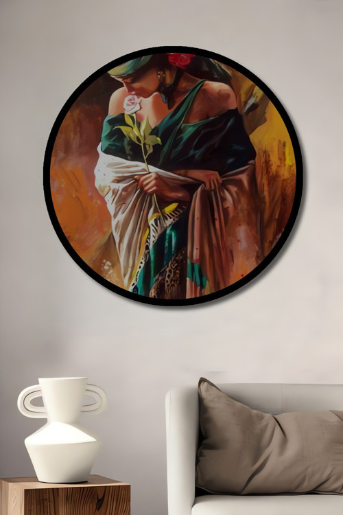 Çerçeve Görünümlü Romantik Kadın Ve Gül Yağlı Boya Görünümlü Ahşap Tablo Yuvarlak Duvar Tablosu