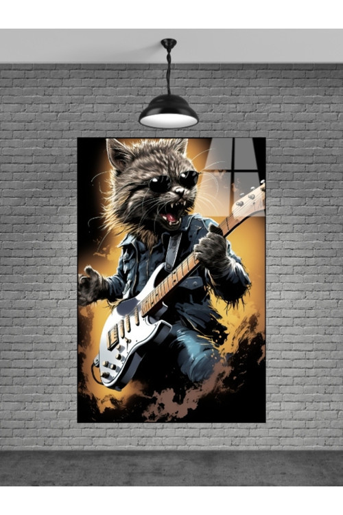 Gitar Çalan Kedi Cam Tablo