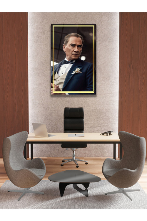 Atatürk Yapay Zeka Gerçek Cam Tablo Modern Ev Ofis Salon Duvar Dekoru Hediyelik Tablo
