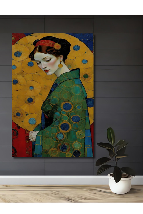 Gustav Klimt Tarzı Kadın Portresi Yağlı Boya Görünümlü Dekoratif Ahşap Ev Antre Salon Ofis Tablo