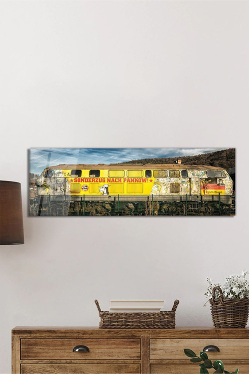 Eski Retro Tren Panorama Çerçevesiz Cam Tablo Duvara Asmaya Hazır Metal Askı Aparatlı