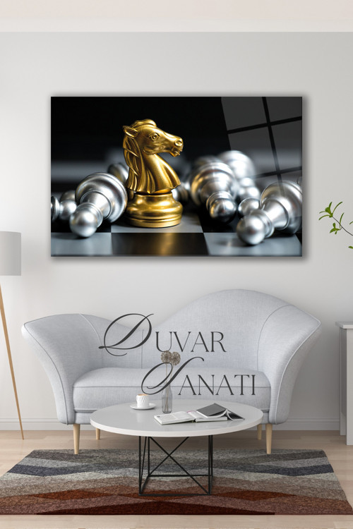 Satranç At'In Savaşı Yatay Cam Tablo Modern Ev Salon Ofis Dekorasyonu Hediyelik Büyük Duvar Dekoru