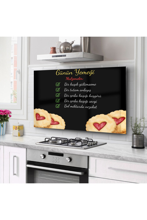 Cam Ocak Arkası Koruyucu Tezgah Ankastre Arkası Koruyucu | 76X49 5 Cm | Günün Yemeği Temalı