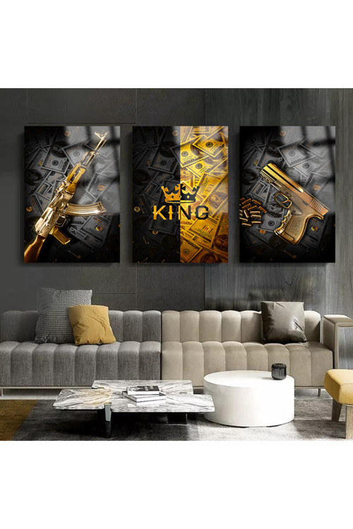 Gold Detaylı Tasarım Set Tablo 3 Adet Cam Tablo Ev Hediyesi Kırılmaz Lüks Modern Cam Tablo