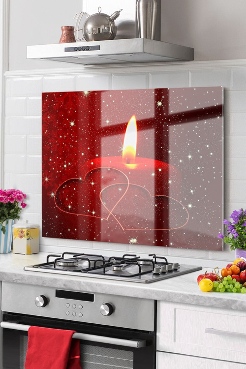 Premium Mutfak Cam Ocak Arkası Koruyucu Tezgah Ankastre Arkası Koruyucu 50X50Cm | Mum Kırmızı Kalp
