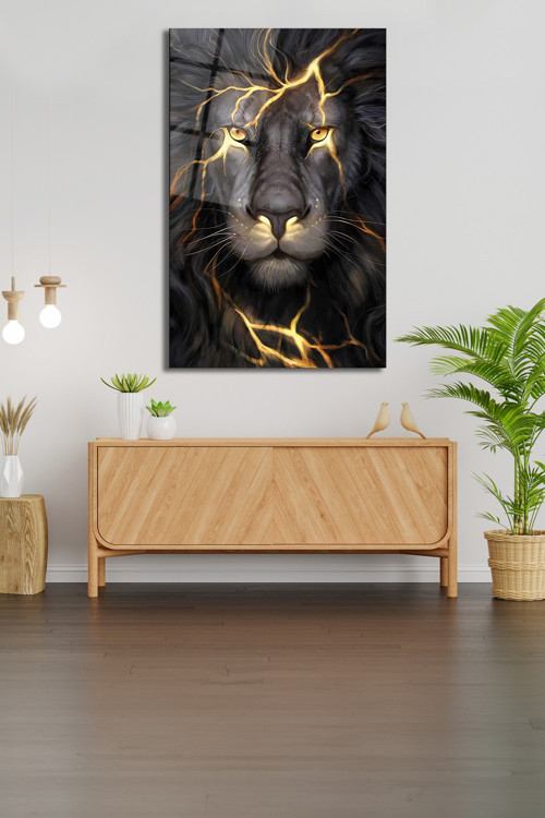 Aslan Dikey Cam Tablo Ev Ofis Salon Duvar Dekoru Hediyelik Büyük Tablo