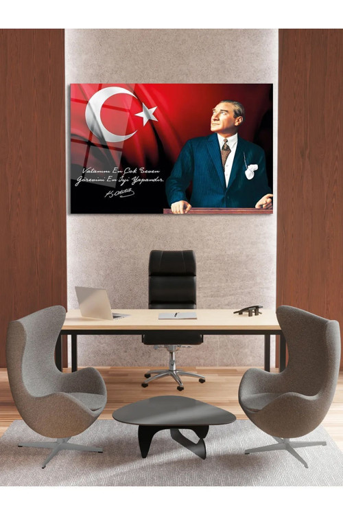 Atatürk Ve Türk Bayrağı Vatanını En Çok Seven Görevini En İyi Yapandır Yüksek Çözünürlüklü Cam Tablo