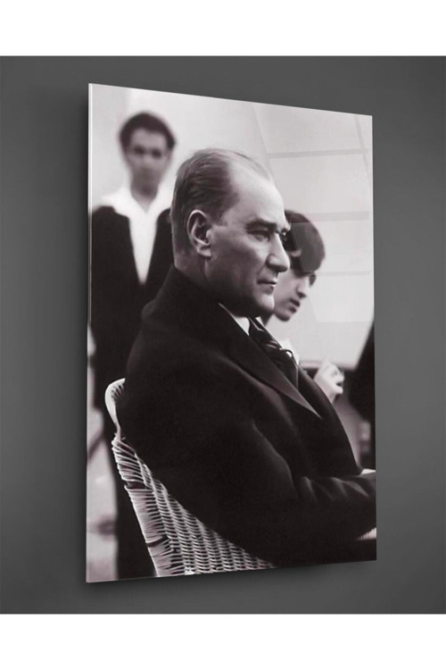 Siyah Beyaz Atatürk Dikey Cam Tablo