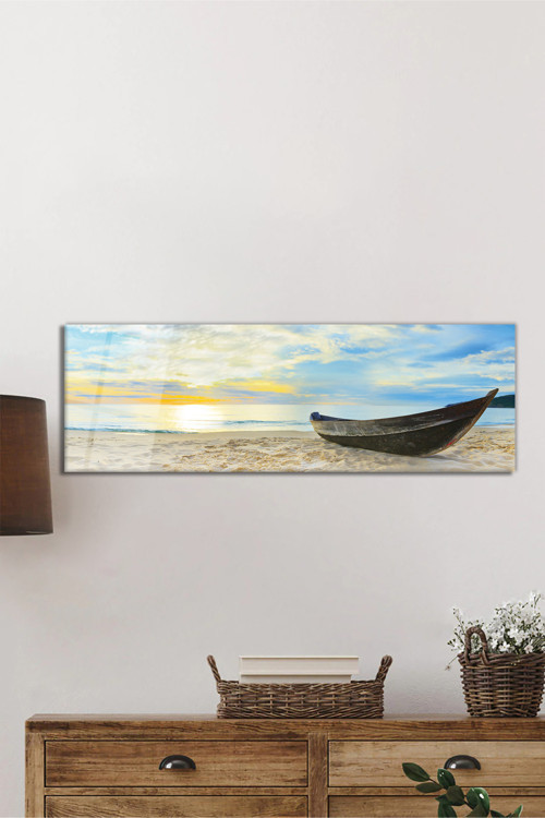 Tekne Sahil Ve Gökyüzü Panorama Cam Tablo Darbelere Dayanıklı Kırılmaz Temperli