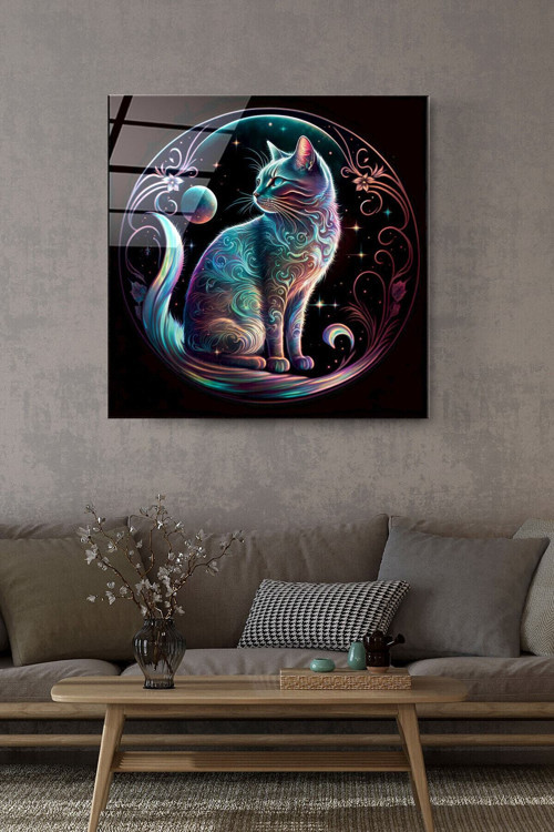 Neon Kedi Cam Tablo Dekoratif Cam Tablo