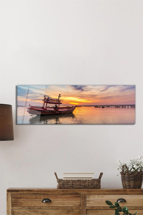 Gün Batımlı Tekne Deniz Manzarası Panorama Cam Tablo Darbelere Dayanıklı Kırılmaz Temperli