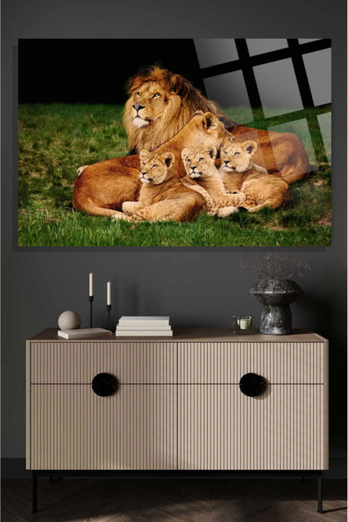 Aslan Ailesi Leo Family 4Mm Kırılmaz Temperli Yüksek Çözünürlüklü Cam Tablo