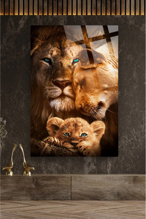 Aslan Ailesi Leo Family 4Mm Kırılmaz Temperli Yüksek Çözünürlüklü Cam Tablo