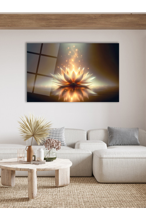 Soyut Gold Lotus Çiçeği Cam Tablo Modern Ev Ofis Salon Duvar Dekoru Hediyelik Büyük Tablo Dekor