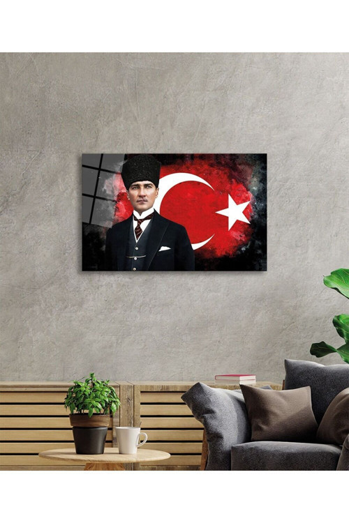 Türk Bayrağı Ve Mustafa Kemal Atatürk Portresi Cam Tablo Temperli Ve Rodajlı Dayanıklı Cam