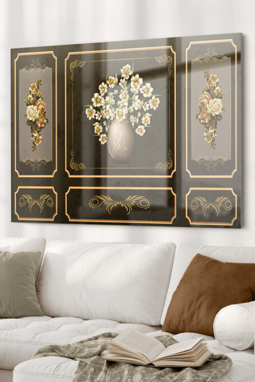 Gold Işlemeli Vintage Çiçek | Çiçek Temalı Cam Tablo | 50X70 Cm