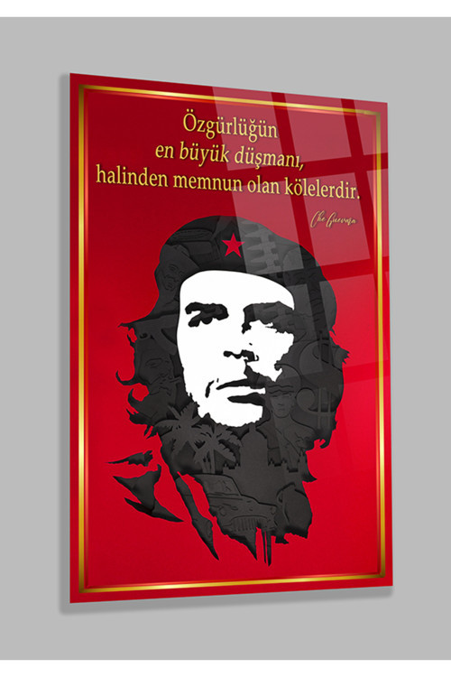 Che Guevara Gold Kenarlı 4Mm Kırılmaz Temperli Yüksek Çözünürlüklü Cam Tablo