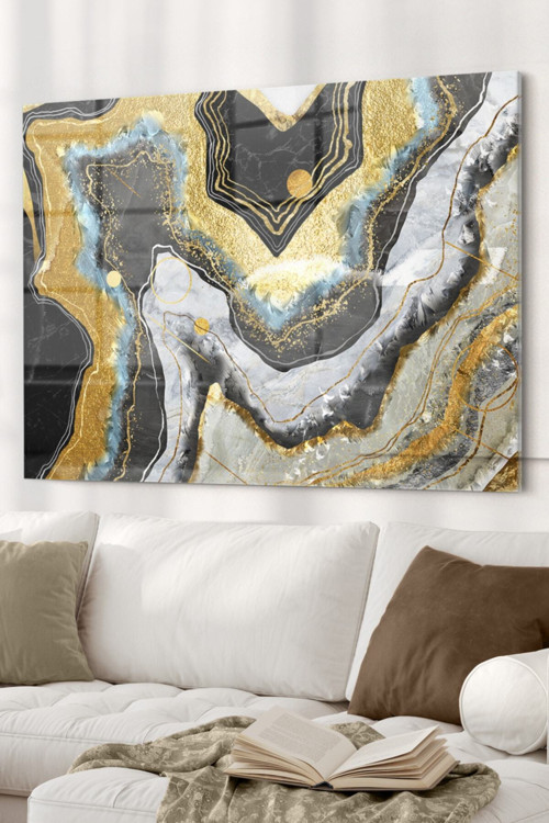 Gold Detaylı Mermer | Soyut Temalı Cam Tablo | 50X70 Cm