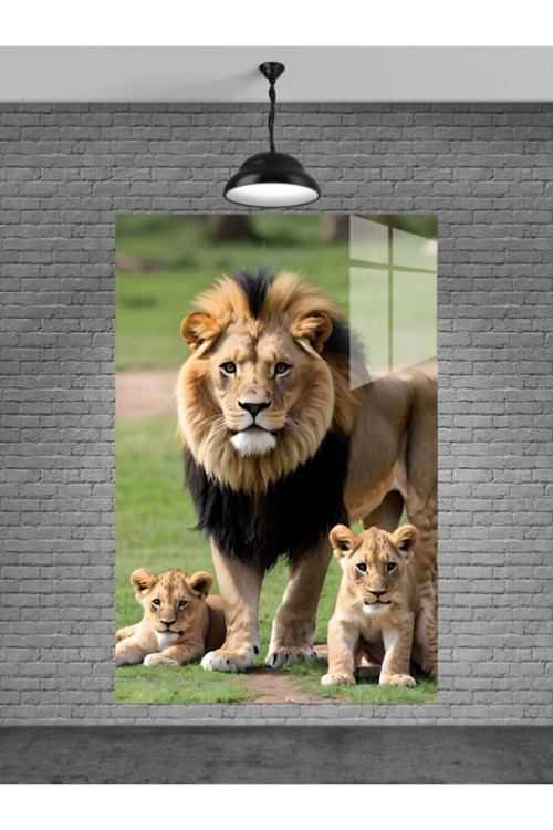 Aslan Ve Yavruları Cam Tablo