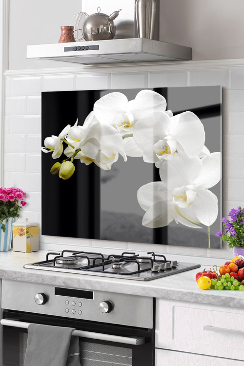 Premium Mutfak Cam Ocak Arkası Koruyucu Tezgah Ankastre Arkası Koruyucu 50X76Cm | Çiçek Siyah