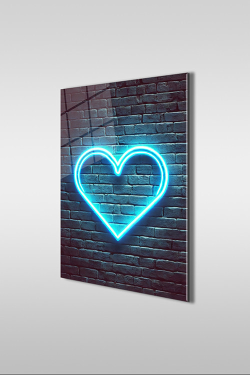 Neon Stil Mavi Kalp Dikey Cam Tablo