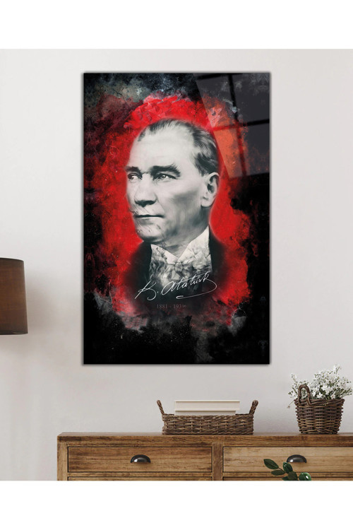 İmzalı Mustafa Kemal Atatürk Portresi Cam Tablo Darbelere Dayanıklı Kırılmaz Temperli