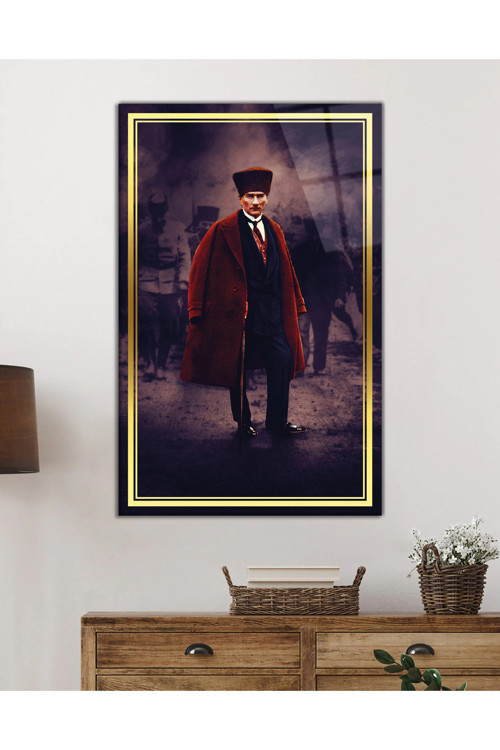 Gold Şeritli Mustafa Kemal Atatürk Portresi Cam Tablo Darbelere Dayanıklı Kırılmaz Temperli