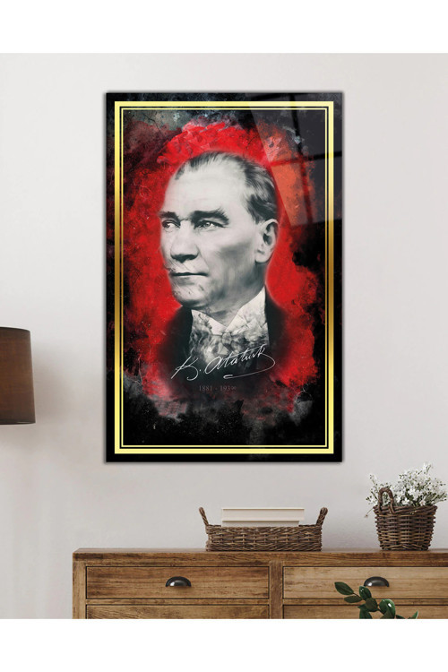Gold Şeritli İmzalı Atatürk Portresi Cam Tablo Darbelere Dayanıklı Kırılmaz Temperli