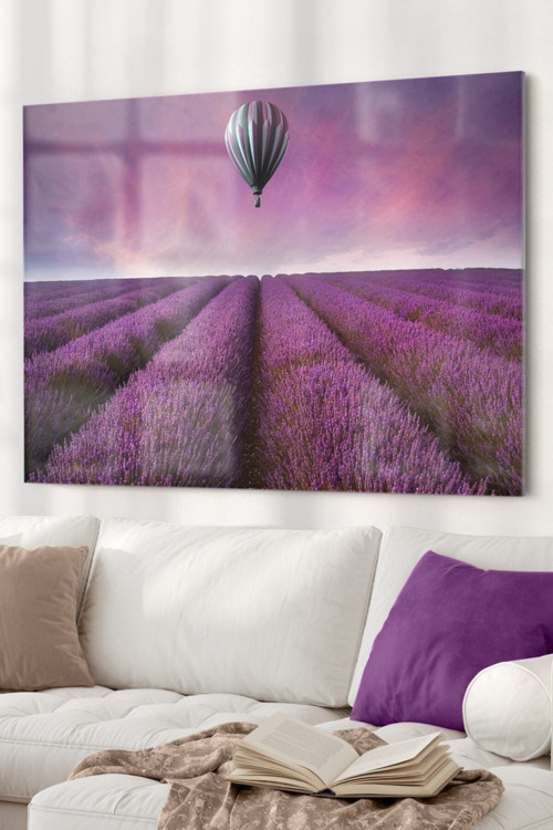 Lavanta Tarlası Ve Uçan Balon | Manzara Temalı Cam Tablo | 50X70 Cm