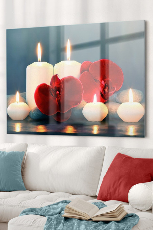 Mum Ve Kırmızı Çiçek |Mum Temalı Cam Tablo | 50X70 Cm