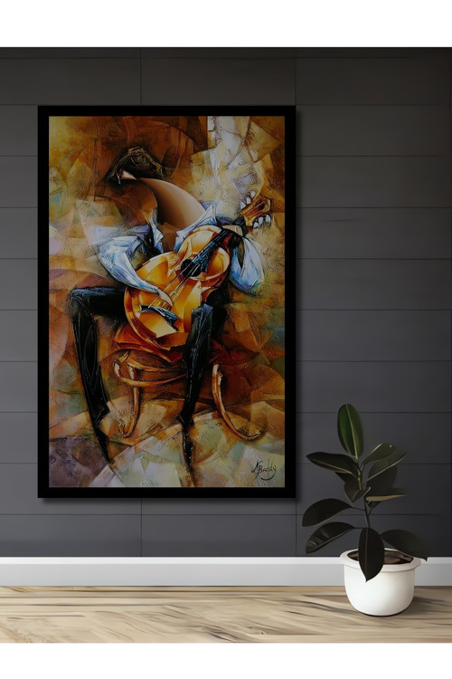 Çerçeve Görünümlü Gitarist Ruhlu Soyut Yağlı Boya Görünümlü Ahşap Dekoratif Salon Ofis Mutfak Tablo
