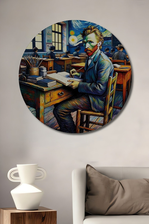 Vincent Van Gogh Sınıfta Yağlı Boya Görünümlü Sanat Tablosu Yuvarlak Duvar Tablosu