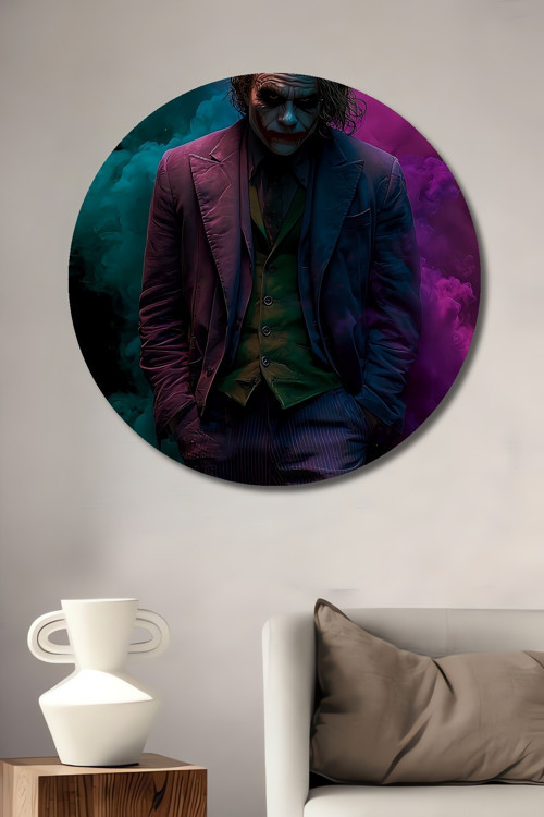 Joker Yağlı Boya Görünümlü Modern Sanat Ahşap Dekoratif Tablo Yuvarlak Duvar Tablosu