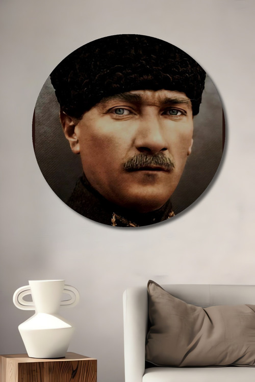 Mustafa Kemal Atatürk Yağlı Boya Görünümlü Dekoratif Ahşap Tablo Yuvarlak Duvar Tablosu