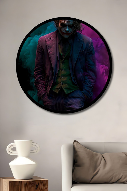 Çerçeve Görünümlü Joker Yağlı Boya Görünümlü Modern Sanat Ahşap Tablo Yuvarlak Duvar Tablosu