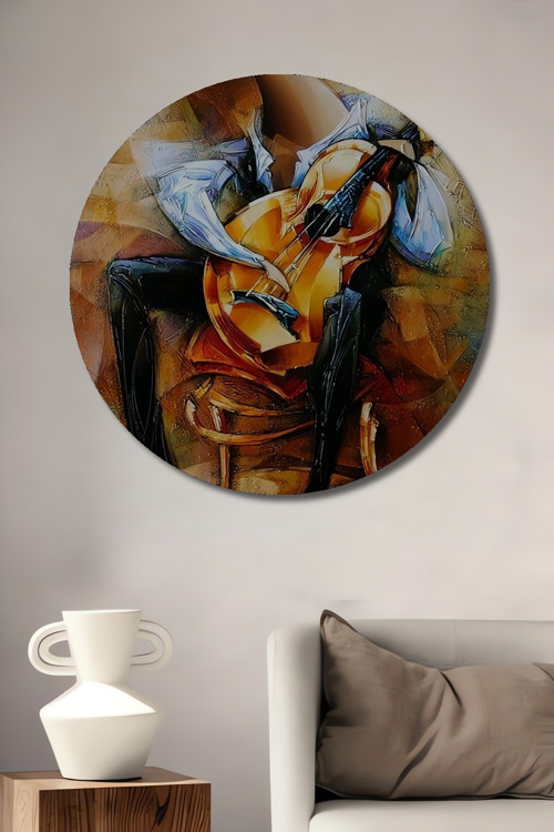Gitarist Ruhlu Soyut Yağlı Boya Görünümlü Ahşap Dekoratif Tablo Yuvarlak Duvar Tablosu