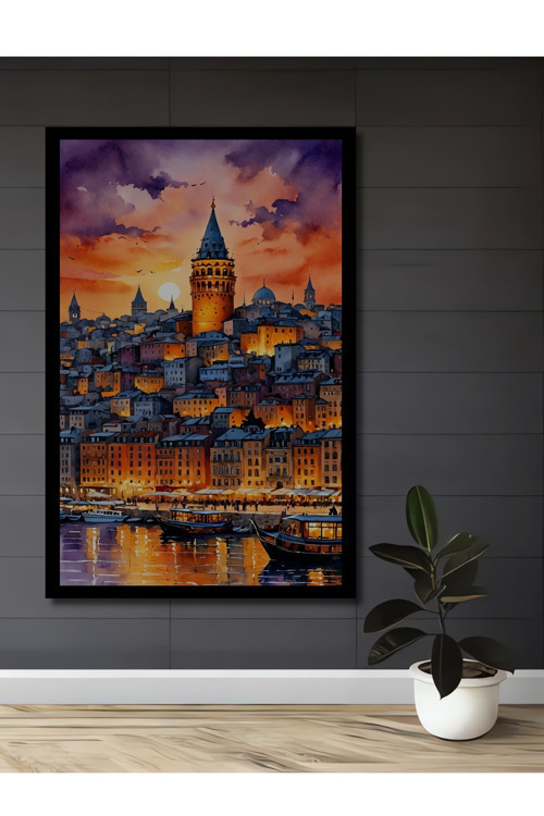 Çerçeve Görünümlü Galata Kulesi Sulu Boya Görünümlü Ahşap Dekoratif Tablo