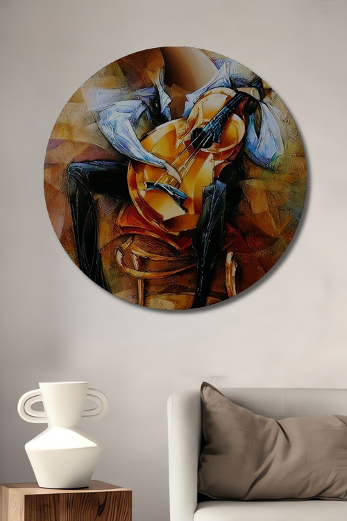 Gitarist Ruhlu Soyut Yağlı Boya Görünümlü Ahşap Dekoratif Tablo Yuvarlak Duvar Tablosu