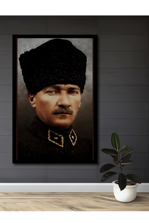Çerçeve Görünümlü Mustafa Kemal Atatürk Yağlı Boya Görünümlü Dekoratif Ahşap Salon Ofis Mutfak Tablo