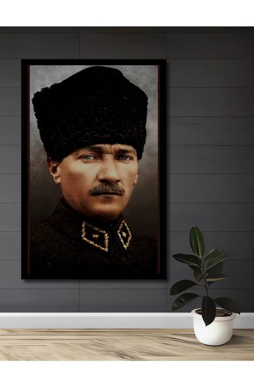 Çerçeve Görünümlü Mustafa Kemal Atatürk Yağlı Boya Görünümlü Dekoratif Ahşap Salon Ofis Mutfak Tablo
