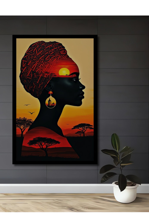 Çerçeve Görünümlü Afrika Güneşi Silüeti Yağlı Boya Görünümlü Ahşap Dekoratif Salon Ofis Mutfak Tablo