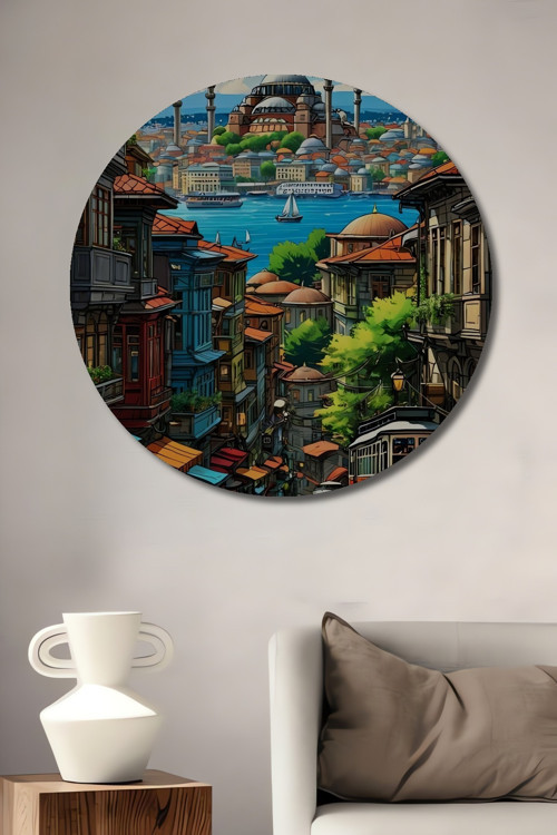 İstanbul Manzaralı Yağlı Boya Görünümlü Dekoratif Ahşap Tablo Yuvarlak Duvar Tablosu