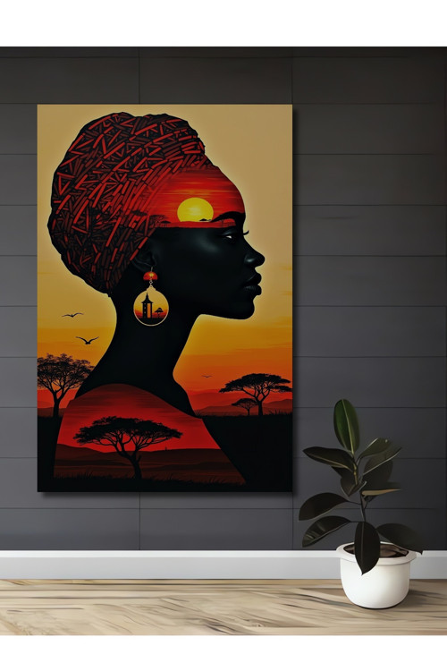 Afrika Güneşi Silüeti Yağlı Boya Görünümlü Ahşap Dekoratif Ev Antre Salon Ofis Mutfak Tablo