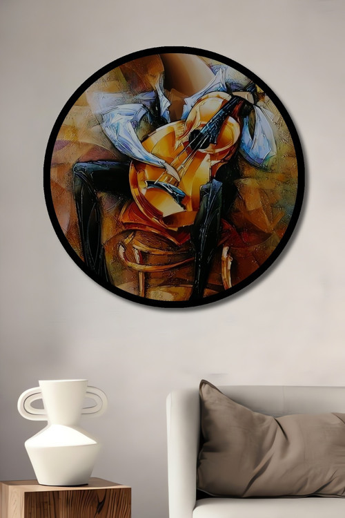 Çerçeve Görünümlü Gitarist Ruhlu Soyut Yağlı Boya Görünümlü Ahşap Tablo Yuvarlak Duvar Tablosu